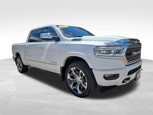 2021 RAM 1500 Limited in Ivory White Tri-Coat Pearlcoat — front three-quarter view